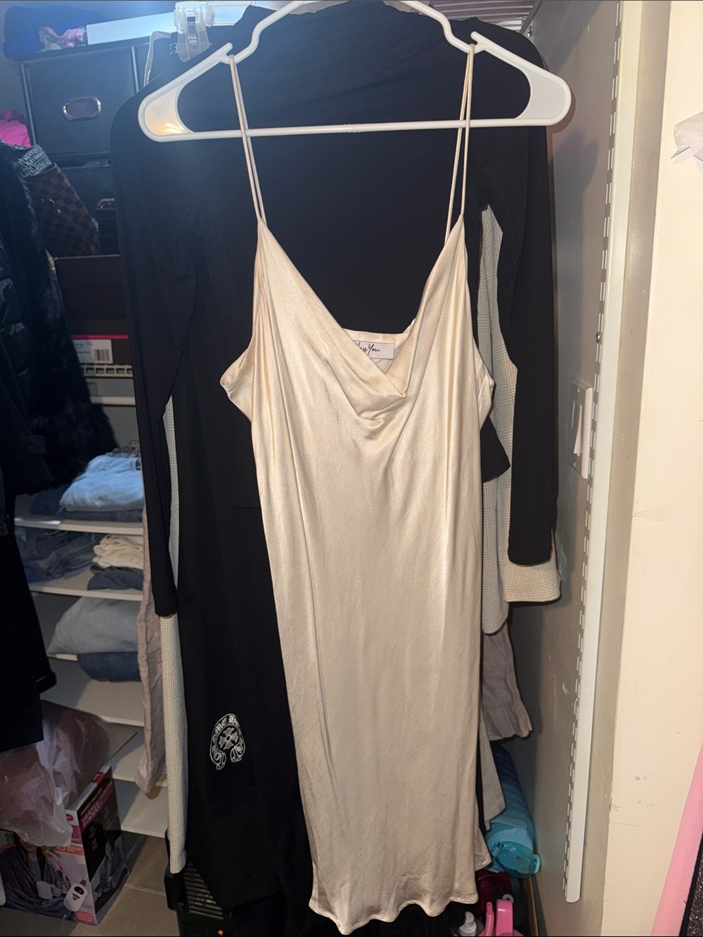 Hey You cream silk cowl neck dress